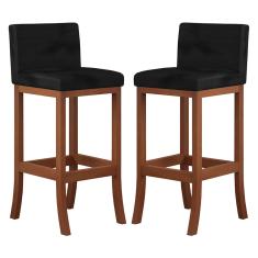 Kit 2 Banquetas Alta Encosto Estofado 38x100 Cm Espanha Madeira Maciça Castanho Suede Preto ccs
