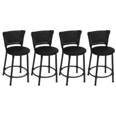 Kit 4 Banquetas Baixas Preta com Encosto Junco Preto Assento Preto