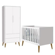 Jogo de Quarto Infantil Theo Retrô Guarda Roupa 2 Portas e Berço Branc