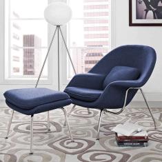 Poltrona Womb Chair Com Puff Cromada Linho Azul Cor Azul