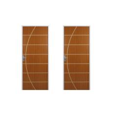 2 Kits Porta De Madeira Decorada 215x85cm Com Batente De Aço 06cm Neblina Mogno