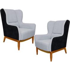Kit 02 Poltronas Decorativa Base de Madeira Milena D02 Linho Cinza D-3