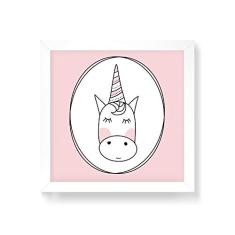 Arte Maníacos Quadro Decorativo Unicórnio Linhas Fundo Rosa - 30x30cm (Moldura em laca branca)