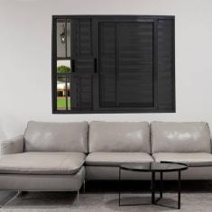 Janela Veneziana de Alumínio 3 Folhas 120 x 120cm Linha 25 com Grade Esquadrias Bergame Preto