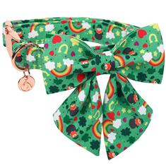 DOGWONG Coleira de cachorro trevo da sorte verde com laço, macia ajustável para o dia de São Patrício com pingente da sorte para cães pequenos, médios e grandes