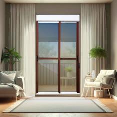 Porta de Correr com Persiana Integrada 2 Folhas Móveis 230 X 180 Elite com Fecho Automático Vidro Re Mix Corten