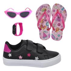 Tênis Infantil Feminino Estrela Detalhe Bordado Estiloso + Chinelo + Ó