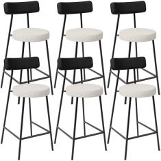 Kit 06 Banquetas Baixa Cozinha Sala Jantar Milão L02 Couríssimo Preto Linho Champagne - Lyam Decor