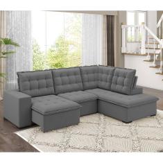 Sofá de Canto Retrátil Reclinável 8 Lugares Veludo Belluno Arte Cúbica Estofados Cinza