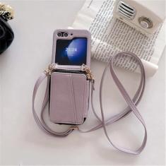 Carteira crossbody com zíper e porta-cartão capa de telefone para Samsung Galaxy Z Flip 6 5 4 3 Flip6 Flip5 Flip4 Flip3 5G capa de couro, roxa, para Galaxy Z Flip3