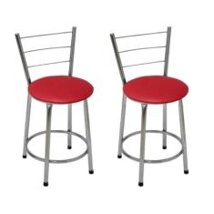 Kit 2 Banquetas Baixas Cromada com Encosto Assento Vermelho - Fortmix