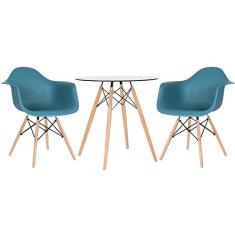 Loft7, Kit Mesa de vidro Eames 70 cm + 2 cadeiras Eames Daw turquesa