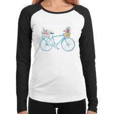 Baby Look Raglan Bicicleta E Flores Manga Longa - Foca Na Moda
