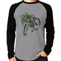 Camiseta Raglan Bicicleta Cesto De Flores Manga Longa - Foca Na Moda