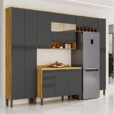 Cozinha Completa Modulada 5 Peças com Tampo e Vidro Reflecta 100% MDF Itália Espresso Móveis Amêndoa/Cinza