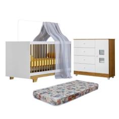 Quarto de Bebê com Berço Mini Cama com Colchão Flocos e Cômoda 100% Mdf 1 Porta 4 Gavetas Life Branco/madeirado Ypê