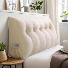 Travesseiro triangular grande para cabeceira com bolso, almofada de cabeceira de linho, almofadas de leitura para sentar na cama, almofada de cabeceira triangular reforçada almofadas macias e fofas,