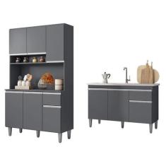 Balcão de Pia Tatiane 120 cm e Armário Cozinha Kit Márcia Cinza Fosco 