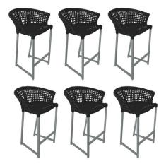 Kit 6 Banquetas Reis em Corda Náutica e Base em Alumínio Cinza para Ár