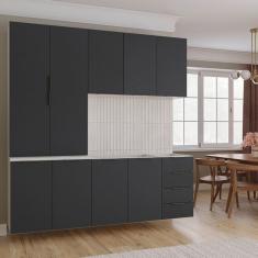 Cozinha Modulada 4 Peças sem Tampo sem Rodapé 2 Aéreos e 2 Balcões Ipanema Cabecasa Madeiramadeira Grafite Trama