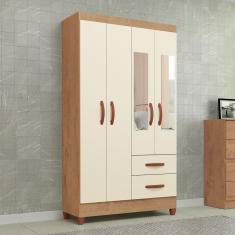 Guarda-Roupa Solteiro Fortaleza 4 Portas 2 Gavetas com Espelho Canelato Rústico/Natural/Off White - Atualle Móveis