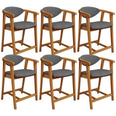 Kit 06 Banquetas Baixa Cozinha Sala de Jantar Bancada Cecília L02 Linho Cinza Escuro - Lyam Decor