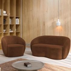 Conjunto 1 Sofá Living 160cm E 1 Poltrona íbis Encosto Fixo Veludo Marrom G33 - Gran Belo