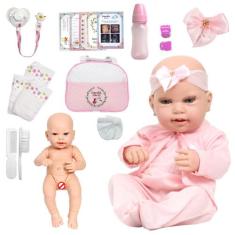 Boneca Tipo Reborn Baby Gatinha 43cm Com Bolsa Vários Itens - Cegonha 