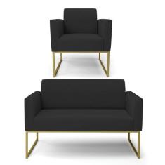 Sofá Namoradeira com Poltrona Base Industrial Dourado Marisa Veludo - 