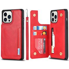 Capa de couro flip para iPhone 12 13 Mini 14 11 Pro Max Carteira Capa para telefone com compartimento para cartão de crédito Alça de suporte, vermelha, para iPhone 12 Mini