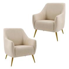 kit 02 Poltronas Decorativas Pés Palito Metalizados D'ouro Paloma D02 Linho Bege C-129 - Lyam Decor