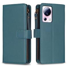 Capa com alça de pulso Xiaomi 13 Lite, 9 compartimentos para cartão, 1 carteira de couro com zíper, função de suporte, fecho magnético, capa para celular compatível com Xiaomi 13 Lite 5G 6,5 polegadas