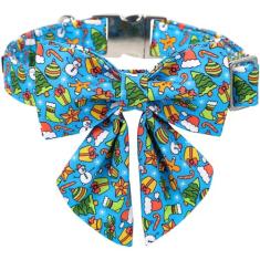 Coleira de Natal para cães Maca Bates com gravata borboleta para cães de marinheiro ajustável coleiras azuis acessórios presente para filhote de cachorro pequeno, médio e grande GG com fivela de metal