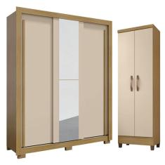 Guarda Roupa Solteiro Nevoa Flex 3 Portas de Correr com Espelho e Armário Multiuso Egito Carvalho Americano Off White - Incorplac