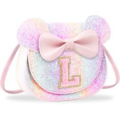 Presentes de aniversário para meninas de 2, 3, 4, 5, 6, 7, 8, 9 e 10 anos de idade, bolsa infantil infantil para meninas pequenas com laço de orelha de rato personalizado, Grande-glitter-pinkletter,