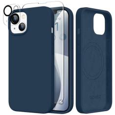 GONEZ Capa magnética para iPhone 14, compatível com Magsafe, com protetor de tela + protetor de câmera, forro de microfibra antiarranhões, capa protetora de silicone líquido à prova de choque, azul