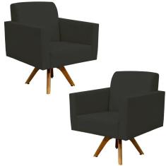 Kit 2 Poltronas Decorativa Giratória Sala de Estar Base de Madeira Helô L02 Suede Preto - Lyam Decor
