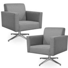 Kit 02 Poltronas Decorativas Base Giratória Sala de Estar Helô L02 Linho Cinza Escuro - Lyam Decor