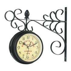 Relógio de parede de metal de arte vintage, relógio retrô redondo de dupla face para decoração de jardim interior, sala de estar, sala de estudo, decoração de parede