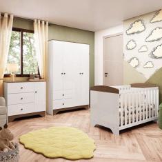 Quarto de Bebê com Berço Americano Guarda Roupa e Cômoda 100% MDF Ayla Branco Brilho/Carvalho