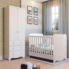 Quarto de Bebê com Guarda Roupa 2 Portas 3 Gavetas e Berço Mini Cama Cambalhota Espresso Móveis Branco Brilho