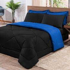 Kit Edredom + Jogo De Lençol Aconchego Look House Dupla Face Solteiro 04 Peças - Preto- Azul