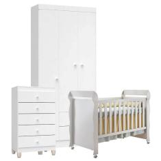 Quarto De Bebê 3 Portas Com Gaveteiro Ternura Baby E Berço Mirelle Branco Brilho - Incorplac