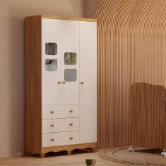 Guarda-roupa Infantil 3 Portas com Janelas e 3 Gavetas 100% Mdf Mimo Espresso Móveis Branco Brilho/Amêndoa