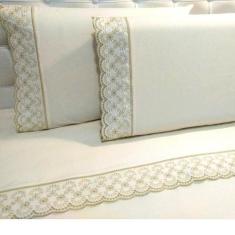 Jogo Lençol Queen Barrado Richilieu Percal 200 Fios 4 Peças Toque Maci