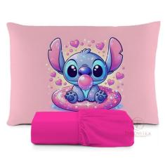 Lençol solteiro 2 pçs fronha estampada - Amora enxovais, stitch chicle