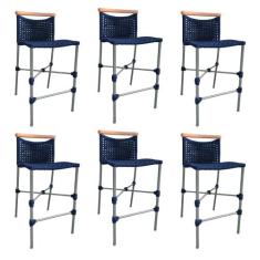 Kit 6 Banquetas Anne em Corda Náutica Base em Alumínio Cinza com Detal