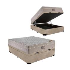 Cama Box Baú Casal + Colchão de Molas Ensacadas Ortobom Airtech Bege 138cm - Suporta até 150 Kg Por Pessoa