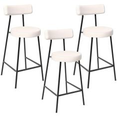 Kit 03 Banquetas Baixa Para Cozinha Sala De Jantar Bancada Milão L02 Linho Cru