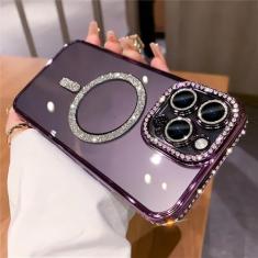 Luxo diamante glitter magnético de carregamento silicone caso macio para iphone 15 14 13 12 pro max plus 11 capa transparente, roxo, para iphone 14